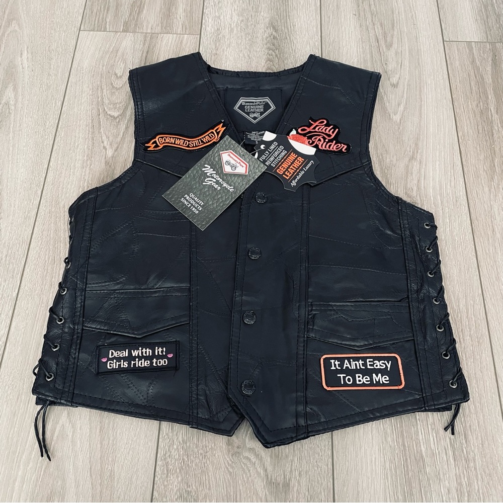 Diamond Plate Leather Women's Side Laces ''Love To Ride'' Pre-Patched Vest S